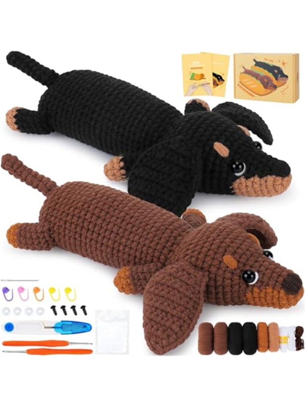 Beginner Crochet Kit Adults Kids Dachshund Dog Amigurumi Animal DIY Gift Set